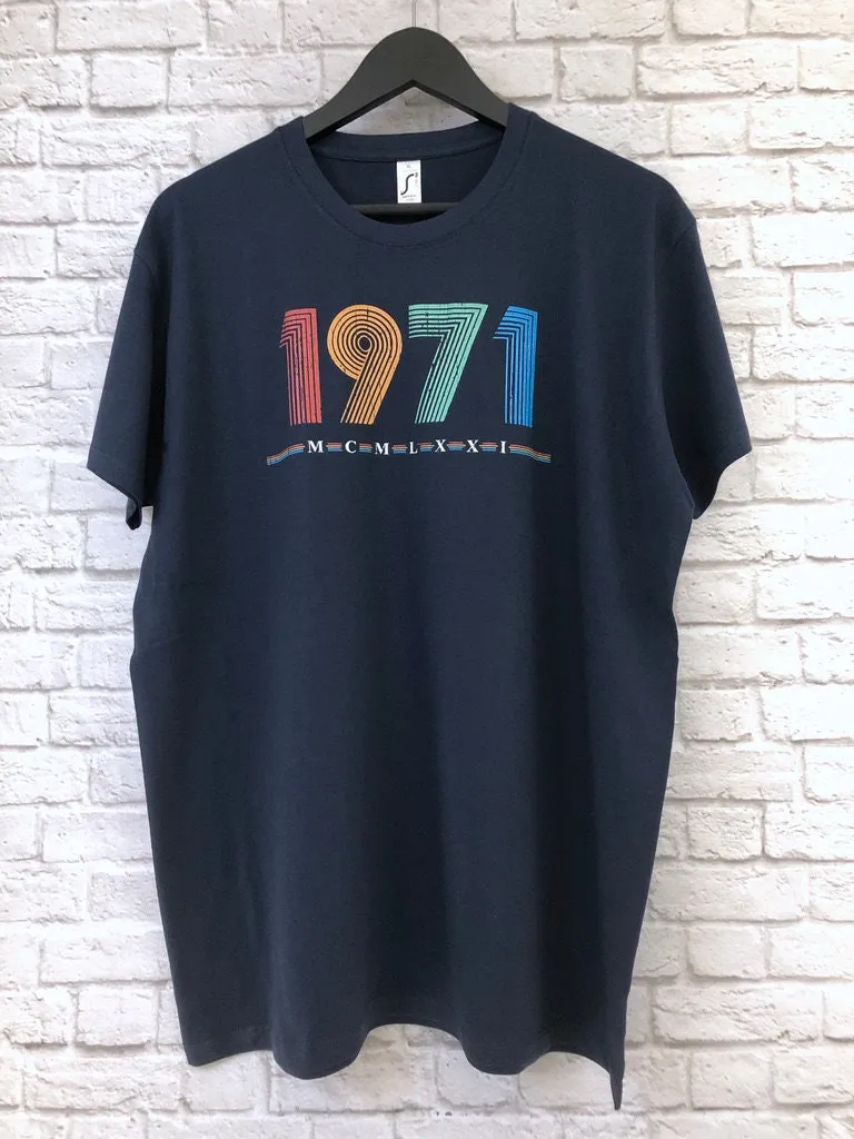 1971 T Shirt, 51st Birthday Gift T-Shirt in Retro & Vintage 70s style, MCMLXXI Fiftieth Bday Tee Shirt Top For Men or Women