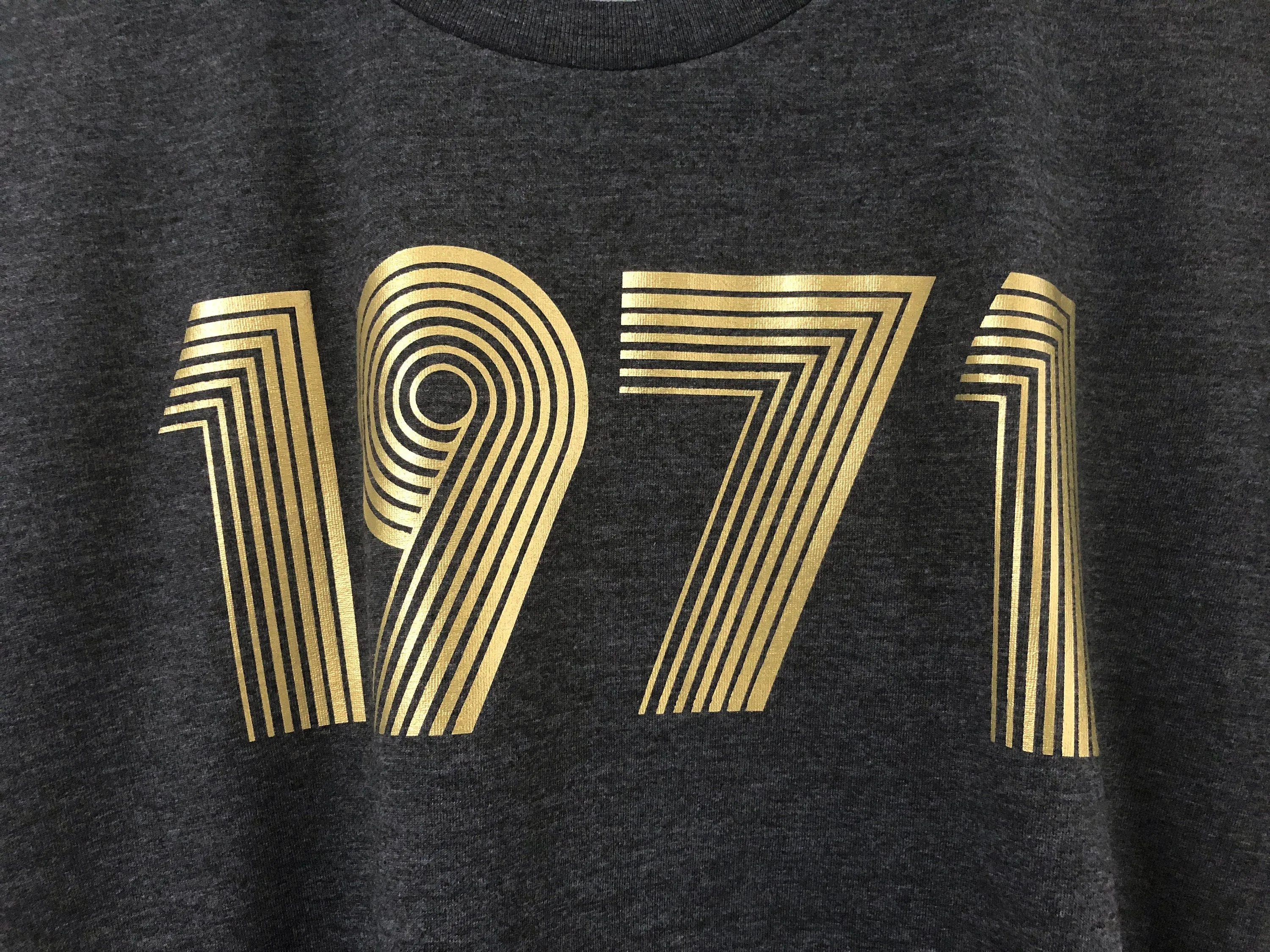 1971 Womens T Shirt Metallic Gold or Silver Foil, 51st Birthday Gift Fitted T Shirt in Retro & Vintage 70s style, Ladies Top