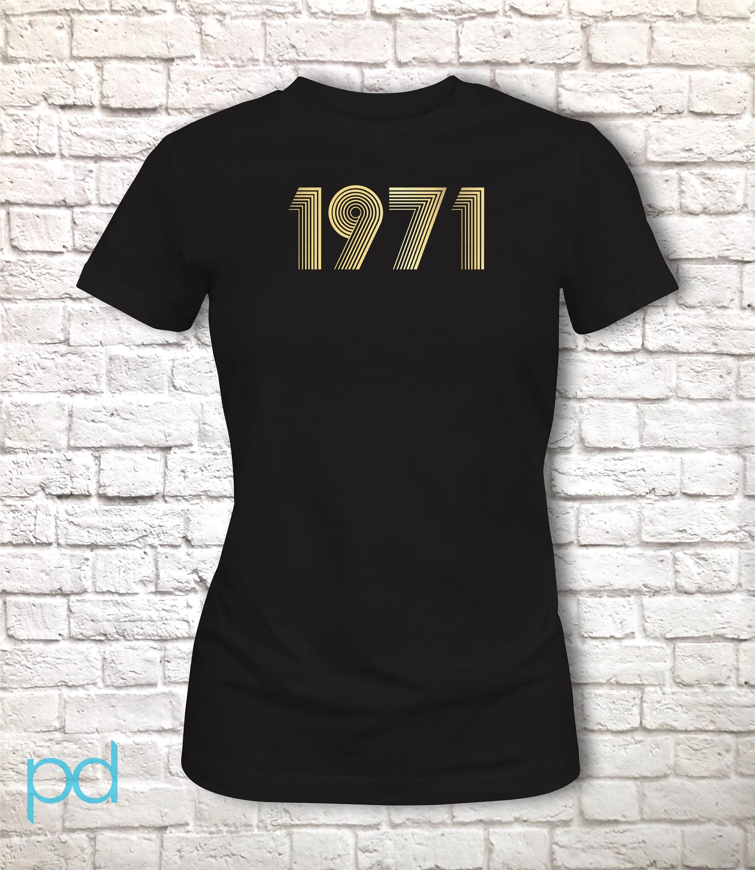 1971 Womens T Shirt Metallic Gold or Silver Foil, 51st Birthday Gift Fitted T Shirt in Retro & Vintage 70s style, Ladies Top