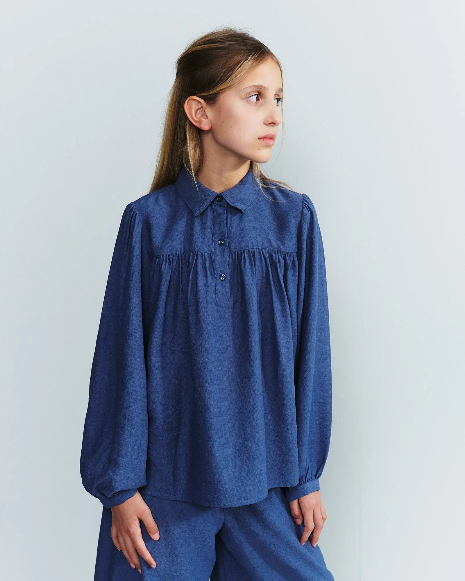 Blouse w. Shirt Collar - Tween - Vintage Blue