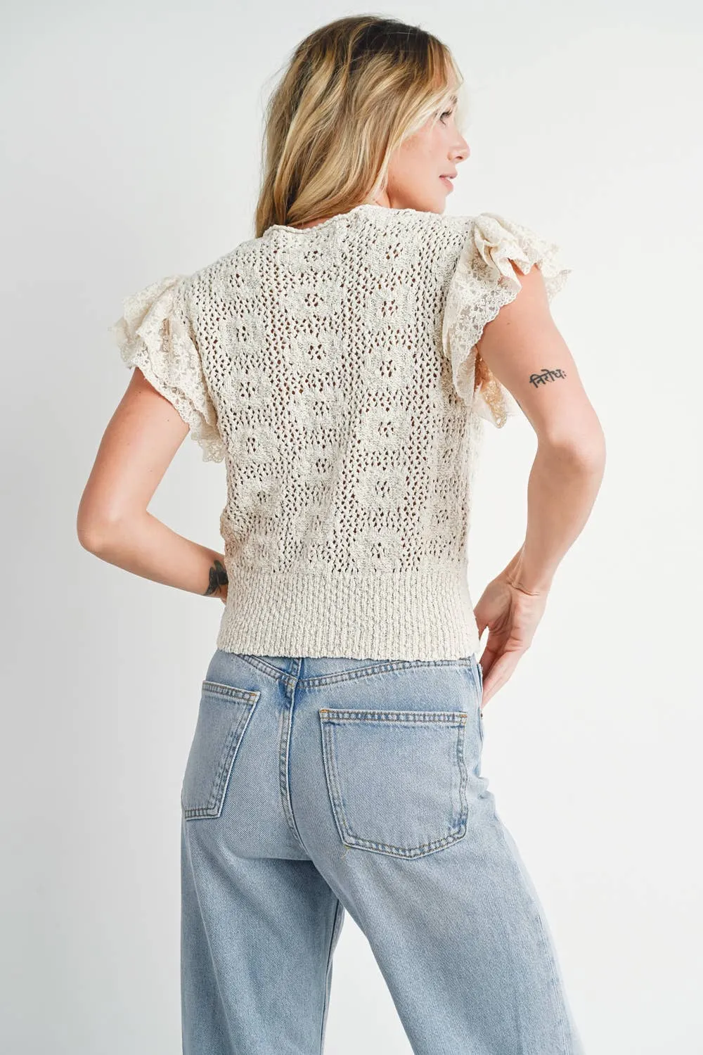 BLUIVY CROCHET BUTTON DOWN RUFFLED SLEEVE TOP