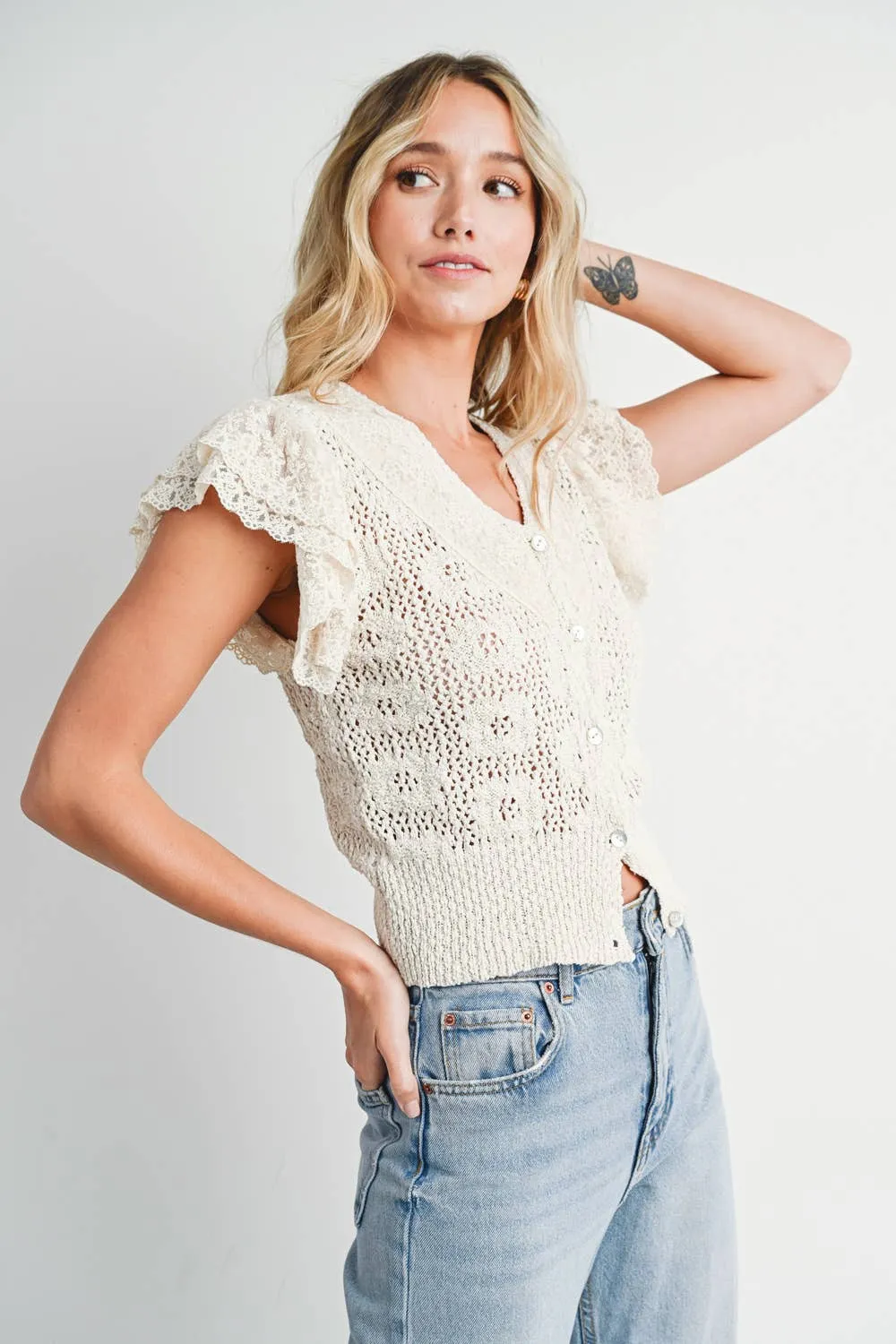 BLUIVY CROCHET BUTTON DOWN RUFFLED SLEEVE TOP