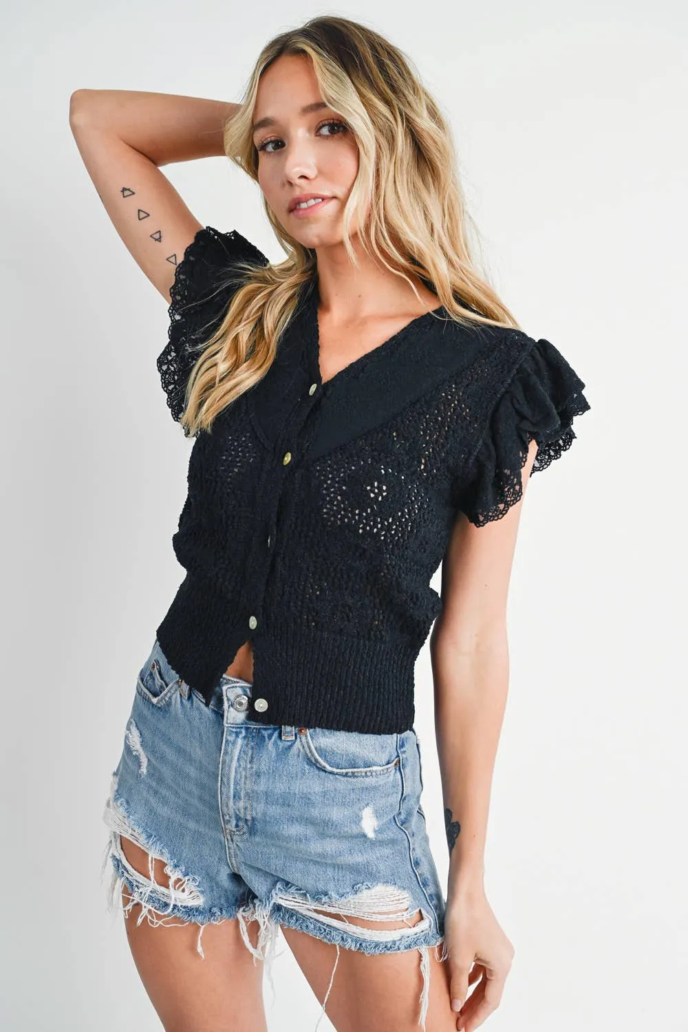 BLUIVY CROCHET BUTTON DOWN RUFFLED SLEEVE TOP