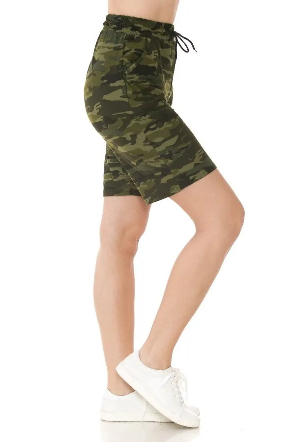 Camo print jogger shorts with functional drawstring waistband