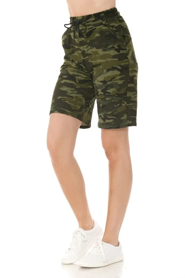 Camo print jogger shorts with functional drawstring waistband