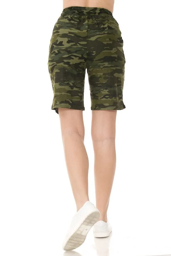 Camo print jogger shorts with functional drawstring waistband