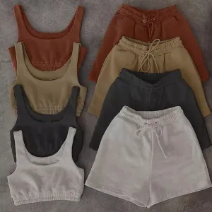 Casual comfy soft cotton 2 piece crop top shorts set