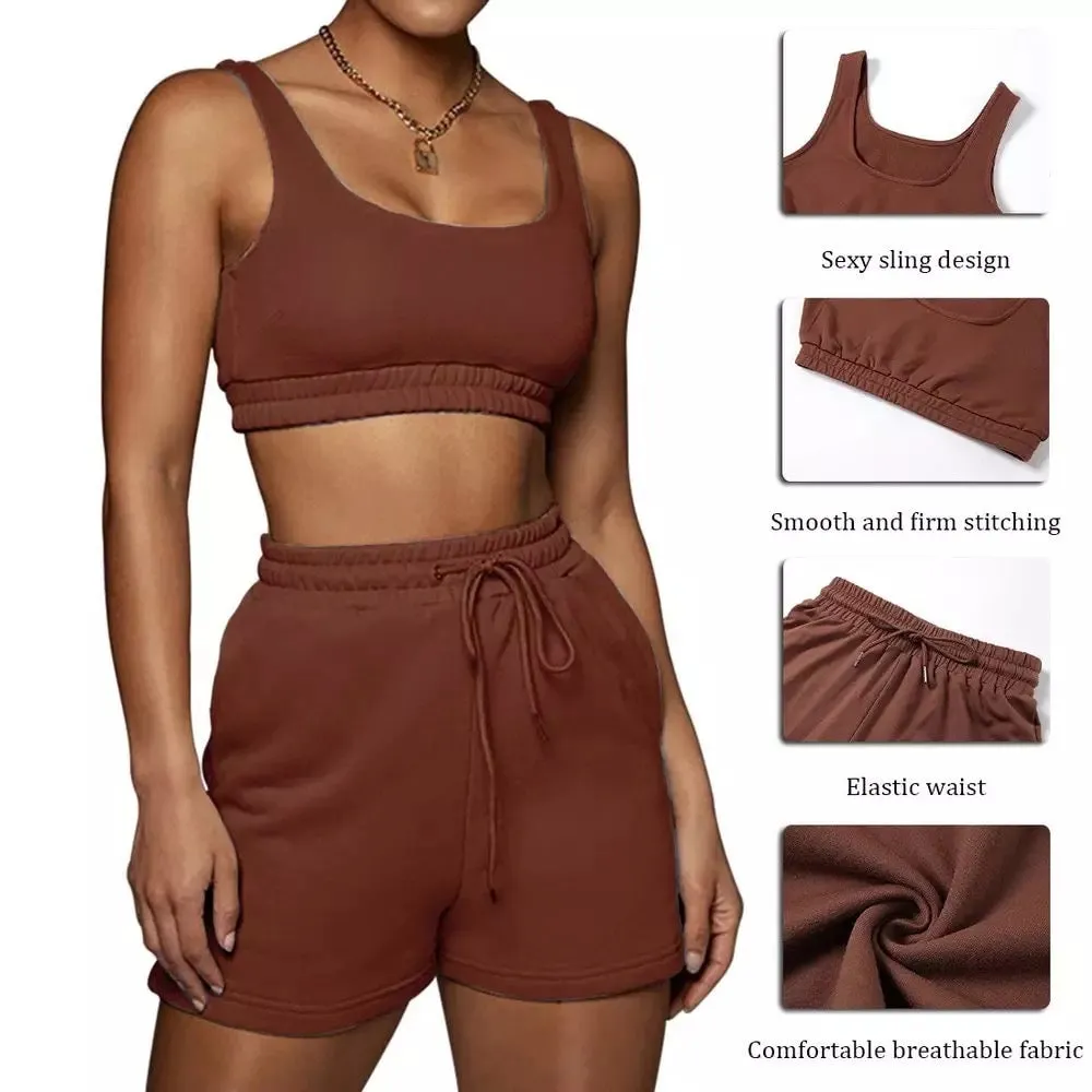 Casual comfy soft cotton 2 piece crop top shorts set