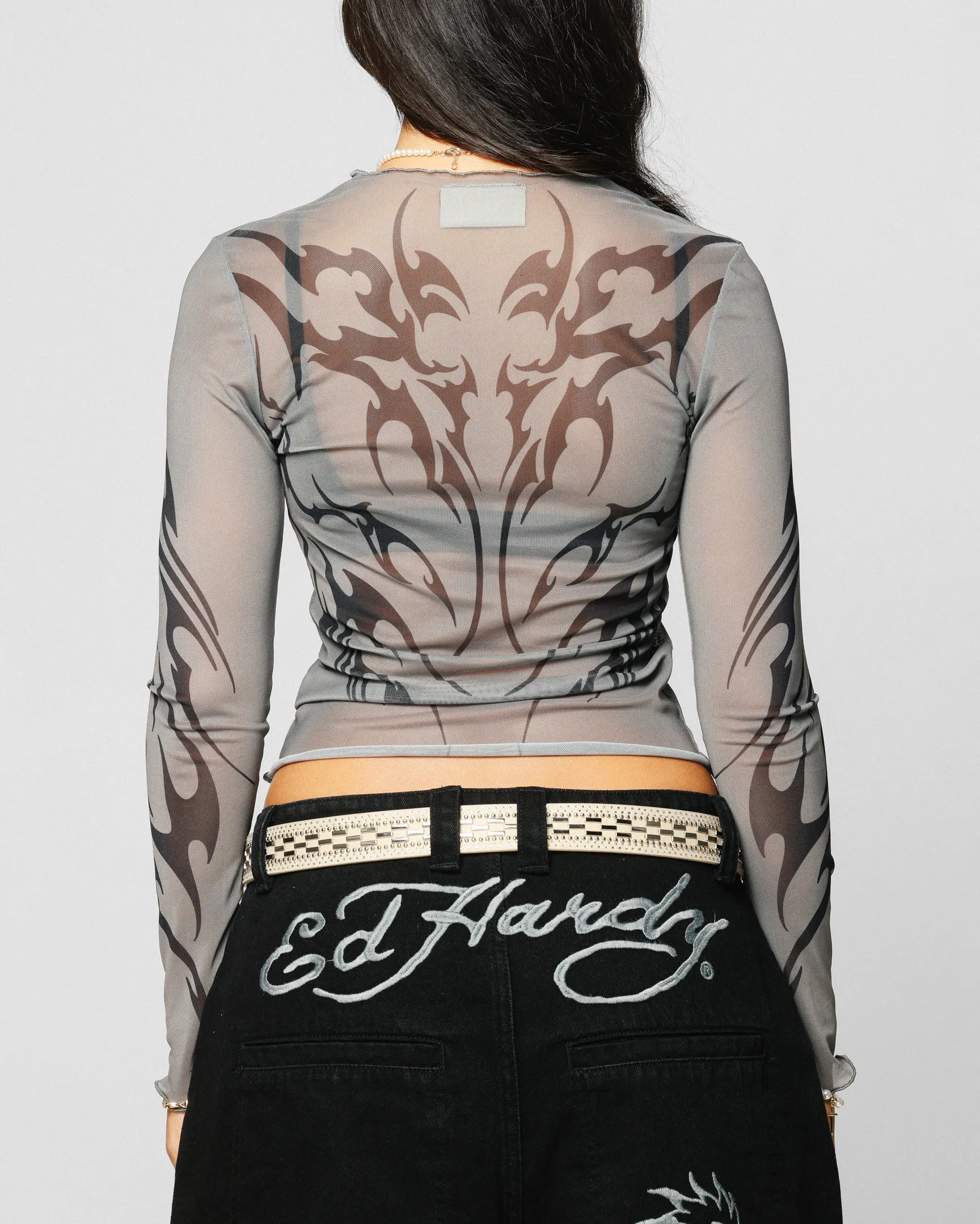 Ed Hardy Women's Techno Long Sleeve Mesh Top Washed Grey