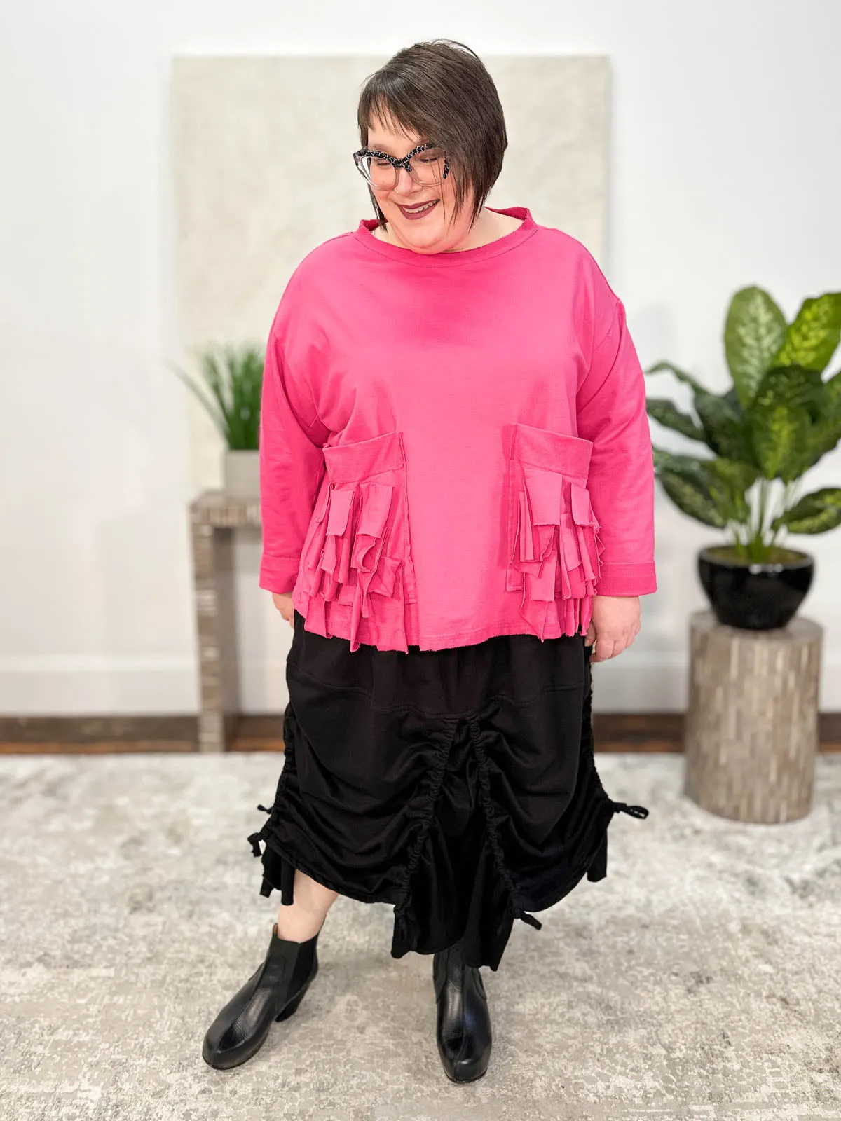 Fringe Pocket Boxy Top, Fuchsia