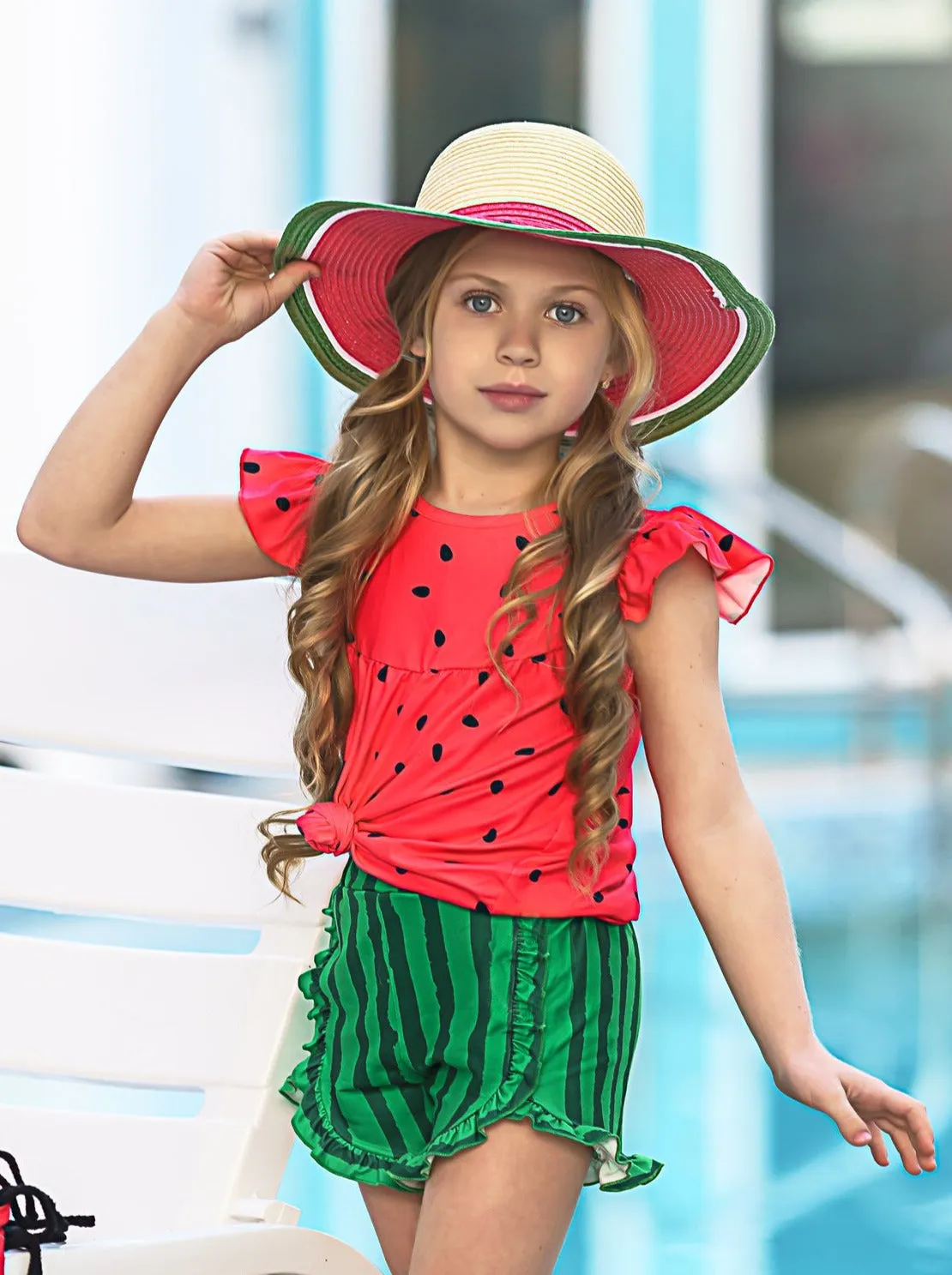 Girls Watermelon Flutter Sleeve Top and Ruffled Short Set