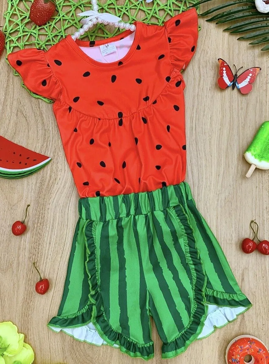 Girls Watermelon Flutter Sleeve Top and Ruffled Short Set