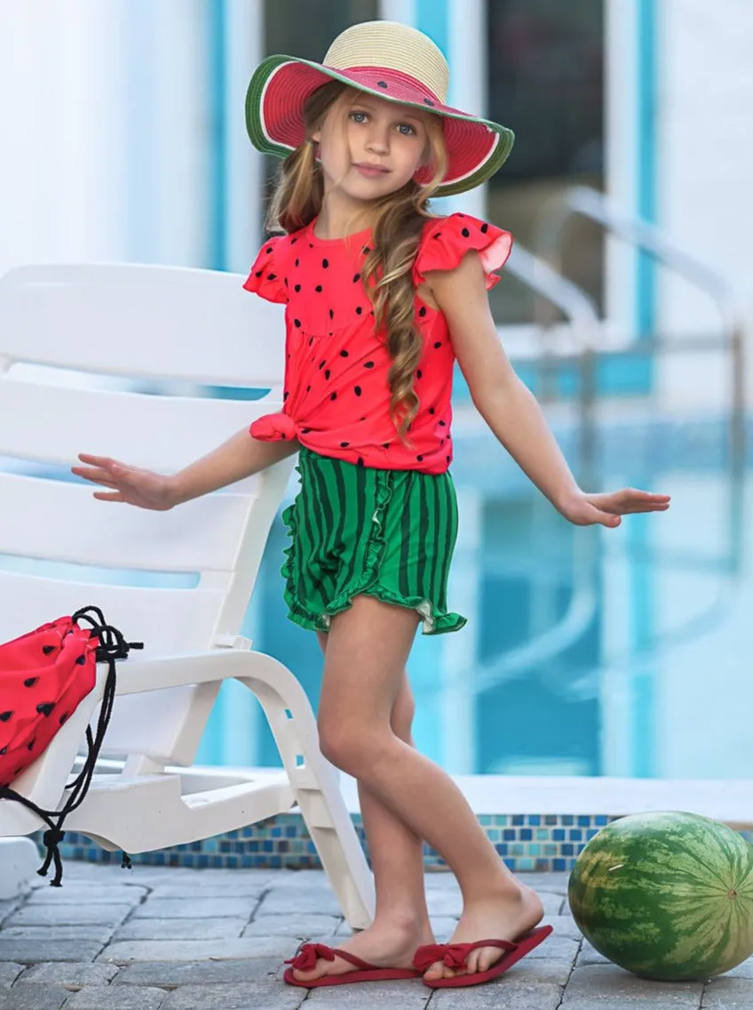 Girls Watermelon Flutter Sleeve Top and Ruffled Short Set