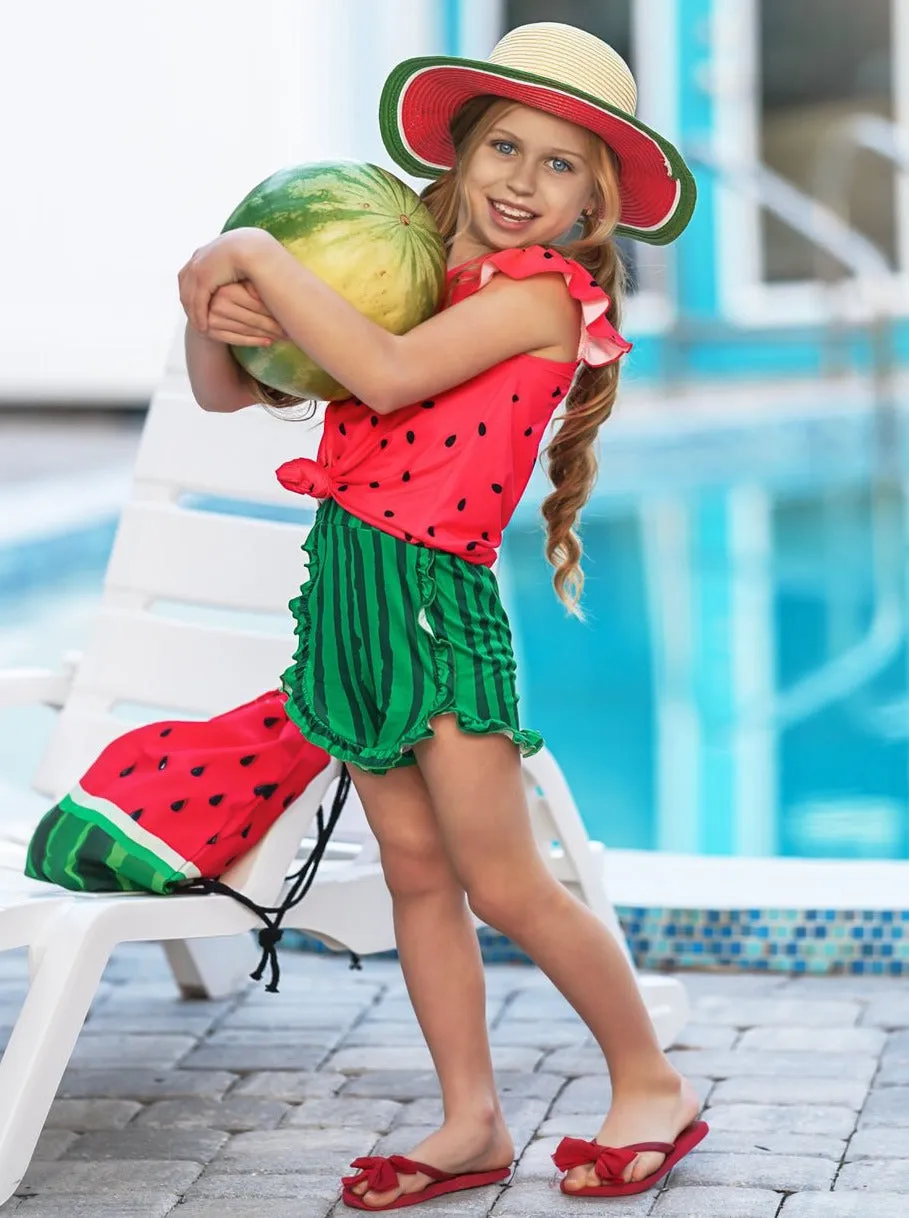 Girls Watermelon Flutter Sleeve Top and Ruffled Short Set