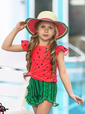 Girls Watermelon Flutter Sleeve Top and Ruffled Short Set