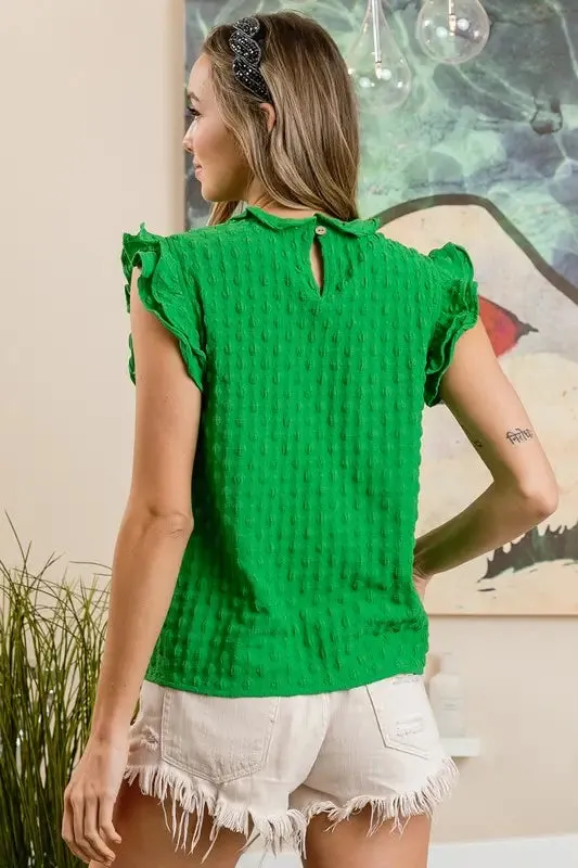 Jade Dot Textured Ruffled Sleeveless Top