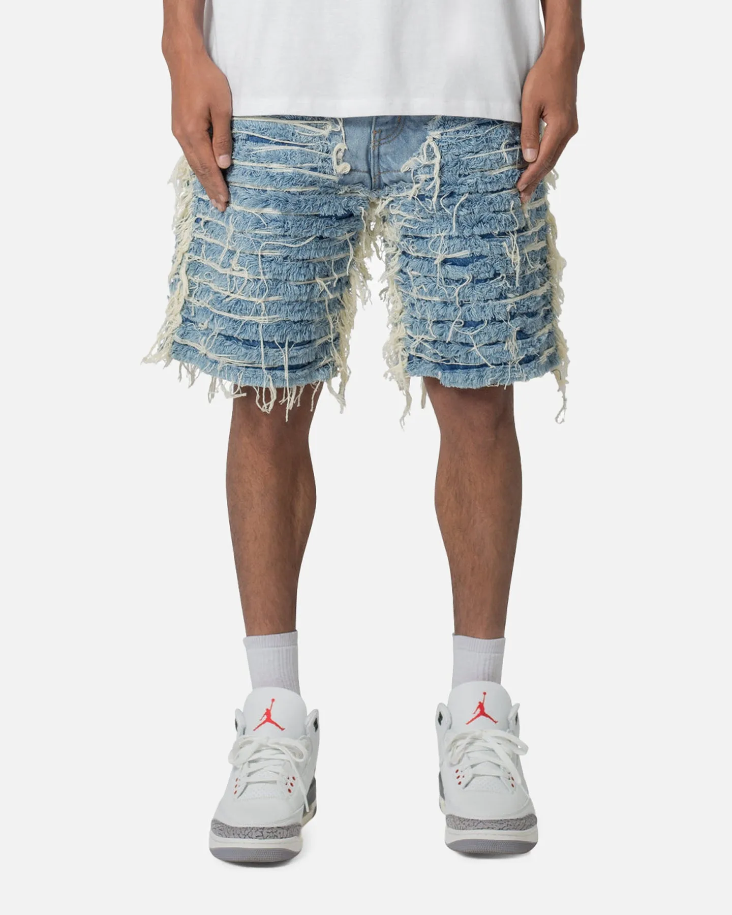 MNML All Over Frayed Denim Shorts Blue