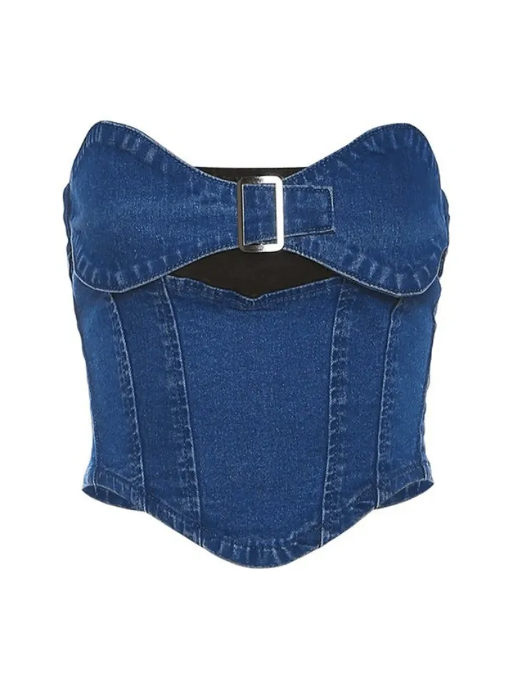 Patchwork Strapless Denim Corset Top