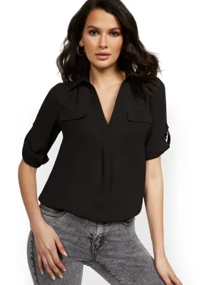 Petite Split-Neck Double Pocket Top