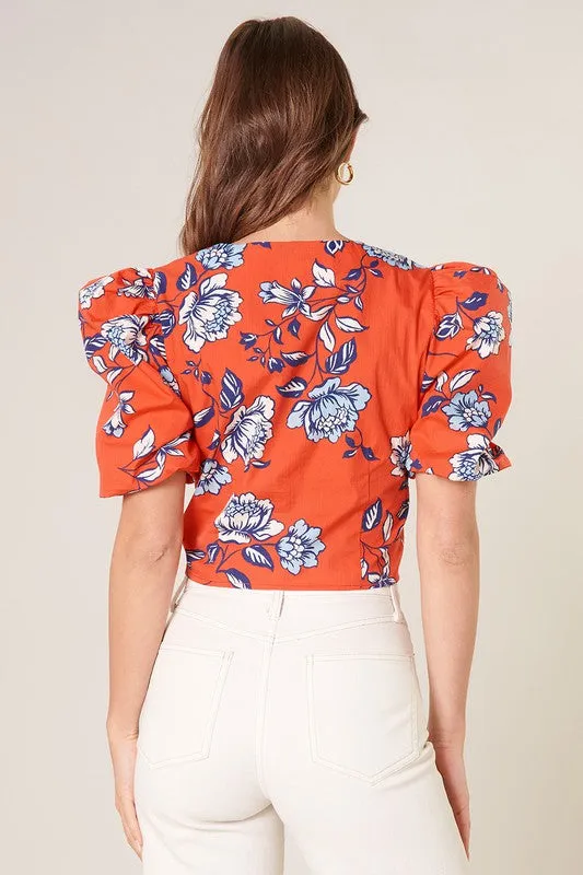 Red and Blue Floral Print Crop Blouse