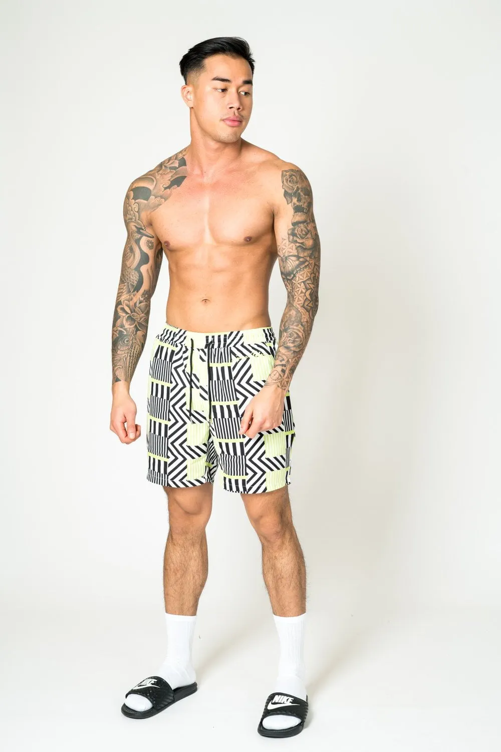 Relaxed Fit Shorts in Lime Black with Geo Stripe