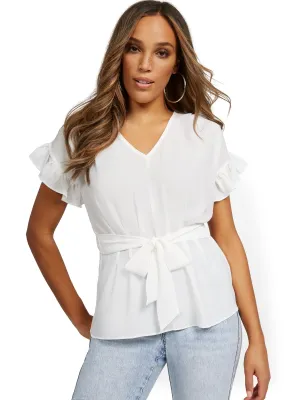 Ruffle-Sleeve Tie-Front V-Neck Top