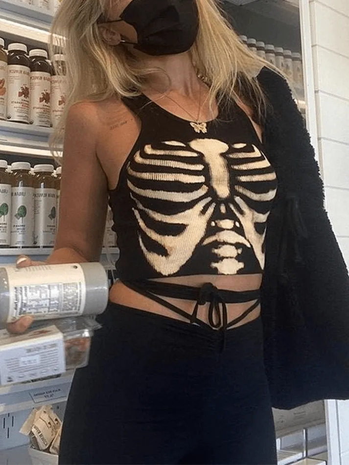 Skeleton Print Crop Tank Top