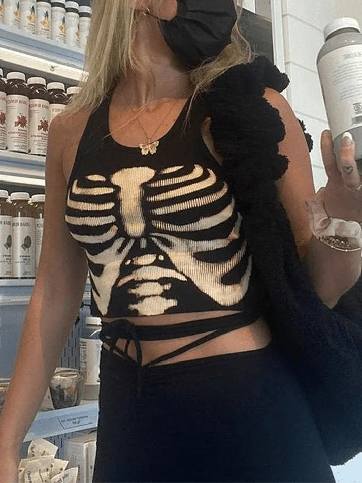 Skeleton Print Crop Tank Top