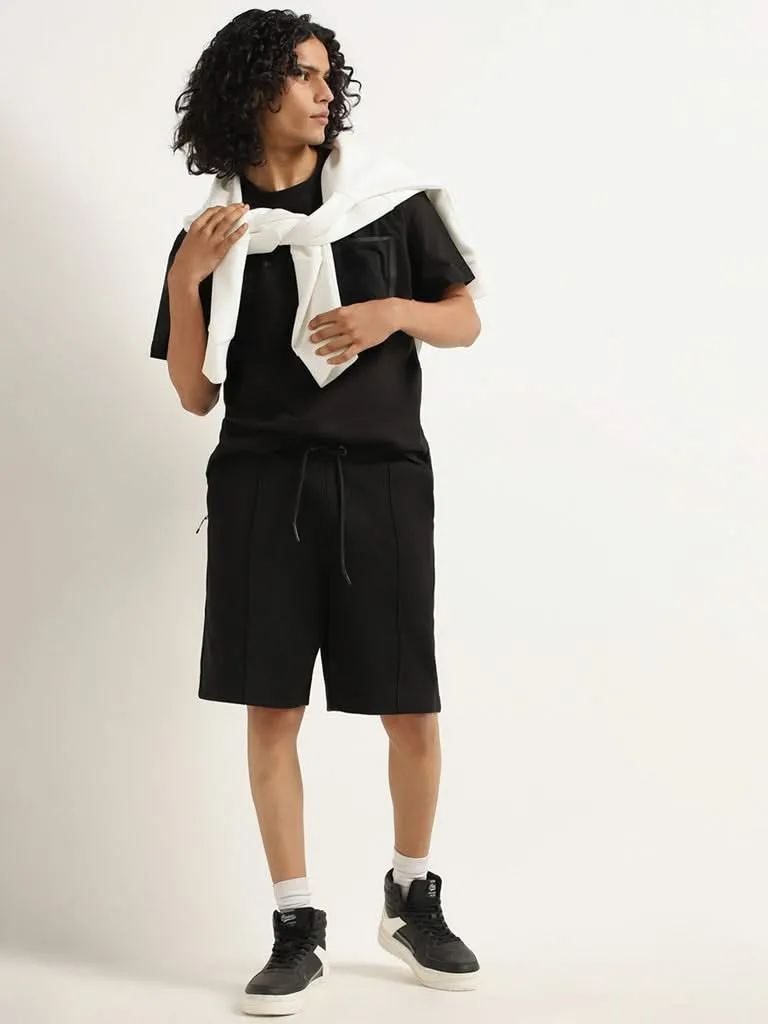 Studiofit Plain Black Cotton Blend Relaxed Fit Shorts