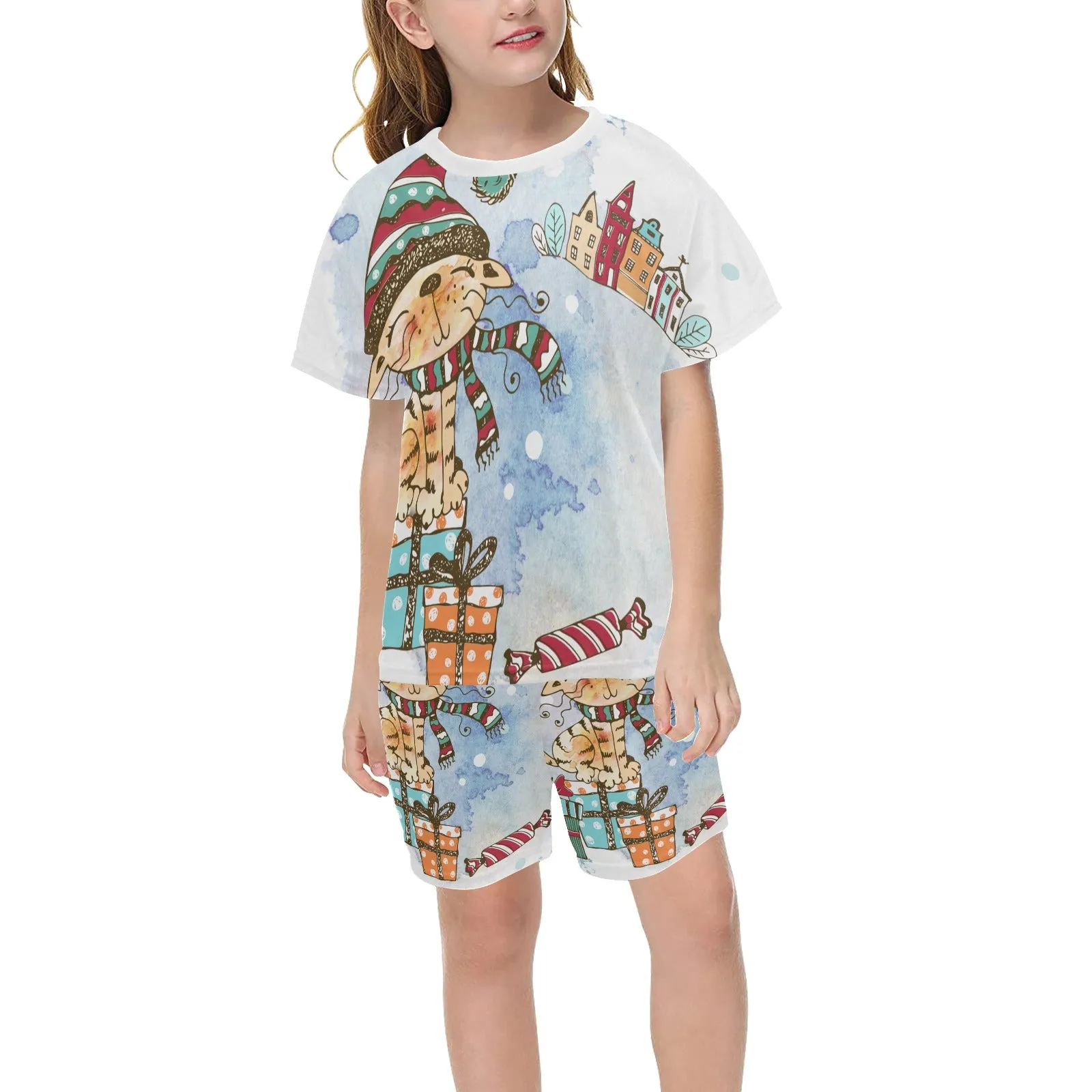 Whimsical Cat Matching Shirt and Short Christmas Sets