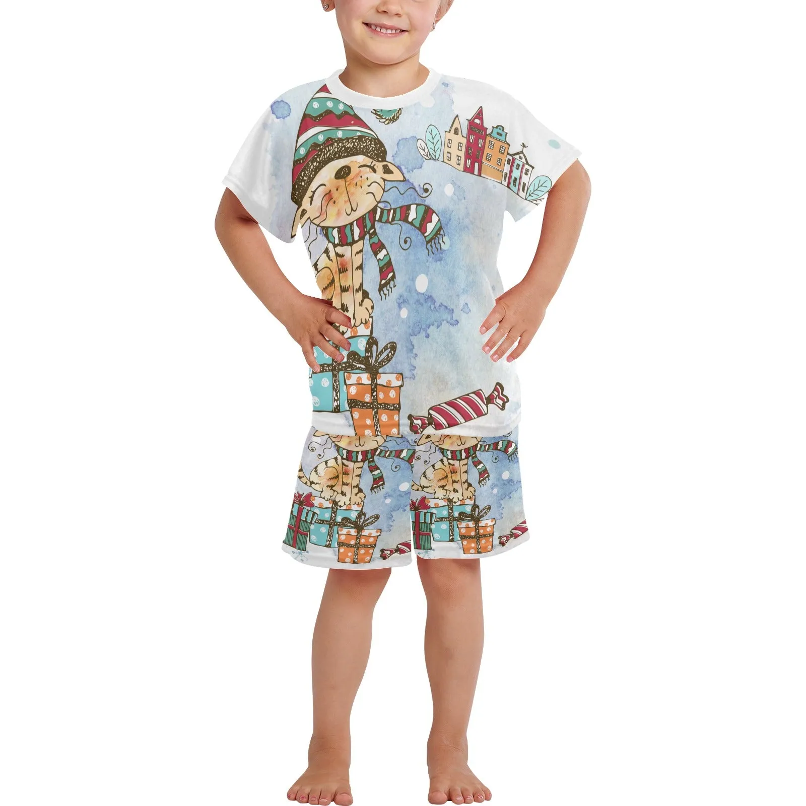 Whimsical Cat Matching Shirt and Short Christmas Sets