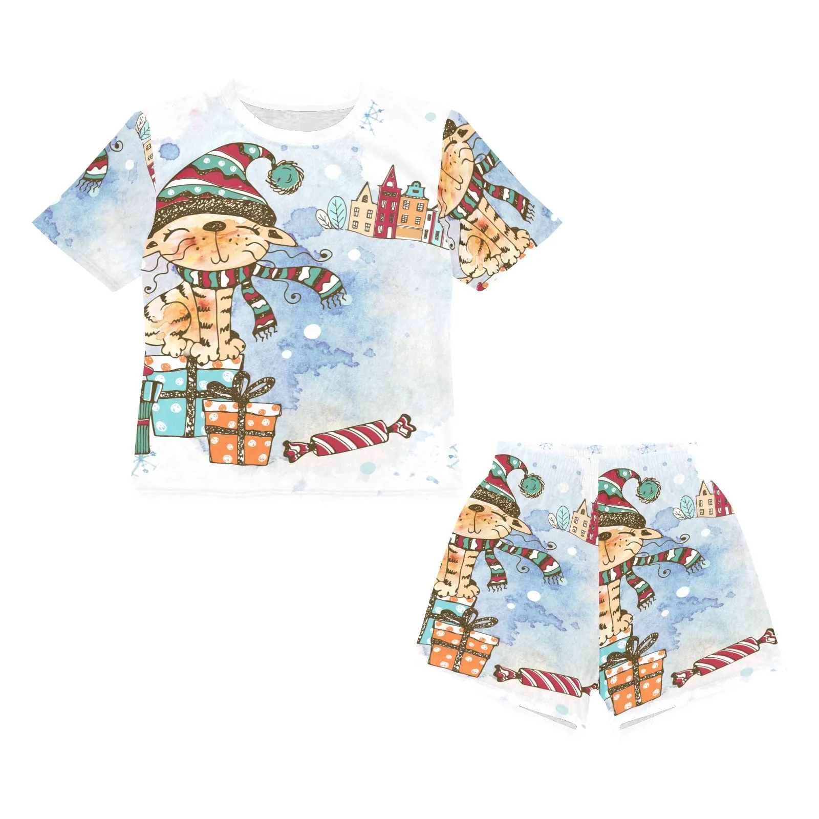 Whimsical Cat Matching Shirt and Short Christmas Sets