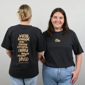 WORTHY BEAUTIFUL BRAVE - Washed Black Heavy Tee - Caramel Print